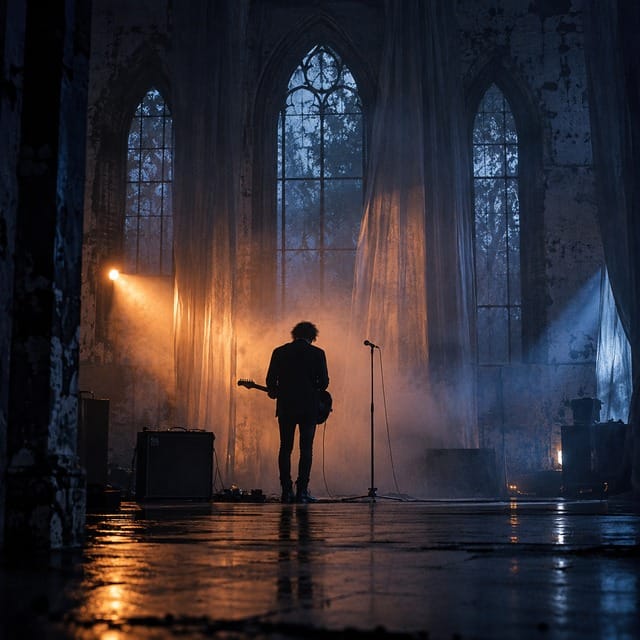 Gitarzysta w granatowym i bursztynowym świetle — ilustracja playlisty