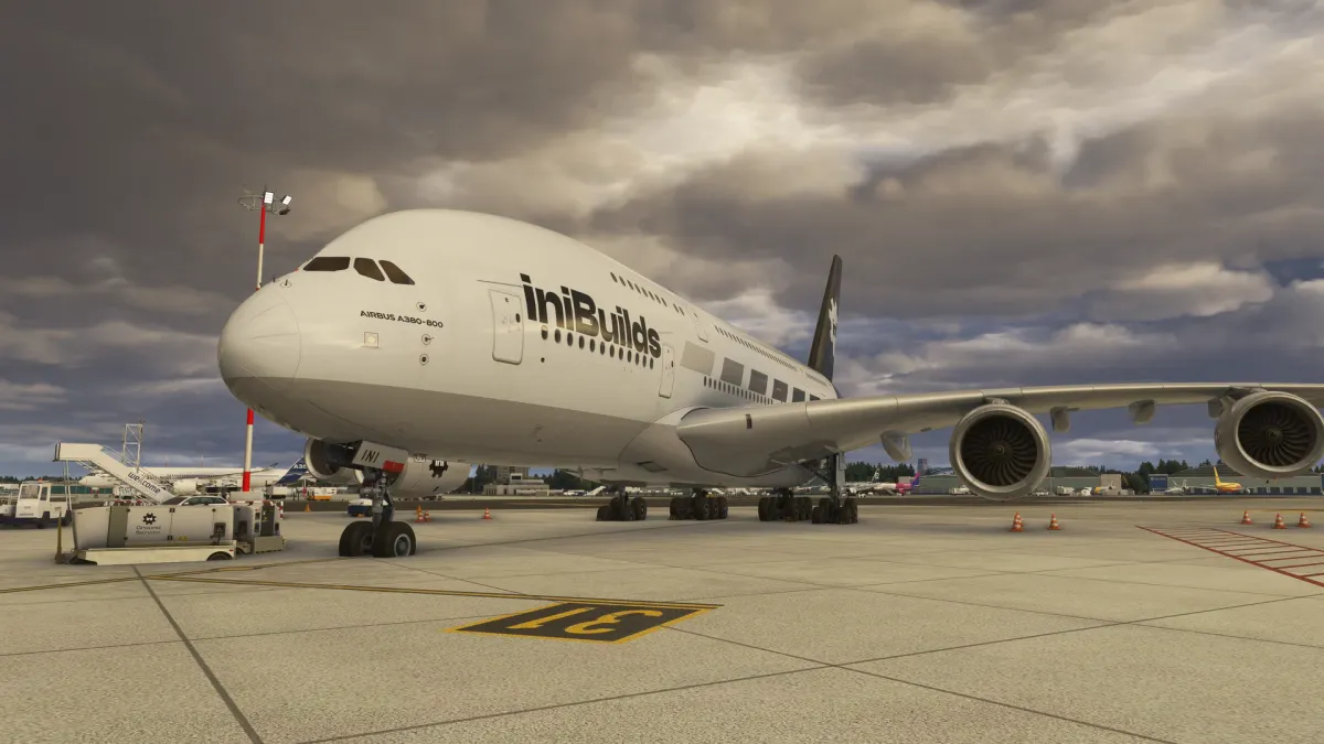 iniBuilds Airbus A380 na płycie lotniska w MSFS 2024 — screenshot właściciela